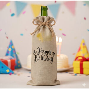 Happy Birthday Burlap Wine Bottle Gift Bag – Reusable Rustic Party Sack